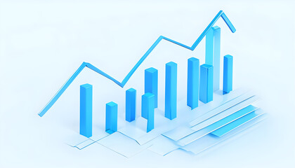 3D Render of a Business Growth Bar Chart and Line Graph with an Upward Trend, Featuring Clean Blue Tones and a Minimalist White Background, Symbolizing Financial Success, Progress, and Data Analysis