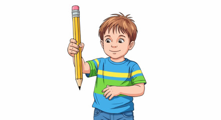Cute cartoon schoolboy holding a large yellow pencil.