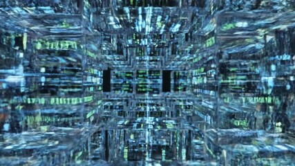 Abstract digital grid of shimmering blue and green geometric shapes creating a complex futuristic structure with seamless repeating patterns and vibrant glowing light effects - Powered by Adobe