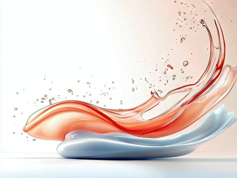 A dynamic splash of reddish-orange liquid curves over a smooth, light blue ceramic form. Small droplets of liquid are suspended in the air around the main splas
