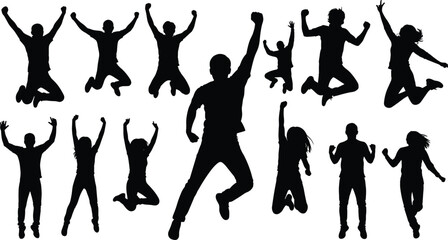 Jumping people silhouettes set vector illustration, happy young friends celebrating success, active men and women having fun isolated on white background.
