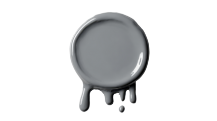 Grey paint puddle forming a circular shape with drips running down, creating artistic liquid streaks and abstract glossy drops, transparent background, png