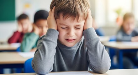 Little boy covering his ears in discomfort at school, sensitive to noise, child with autism spectrum disorder experiencing sensory overload in a classroom.