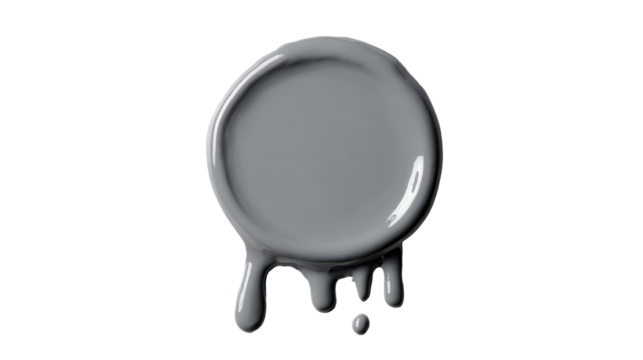 Grey paint puddle forming a circular shape with drips running down, creating artistic liquid streaks and abstract glossy drops, transparent background, png