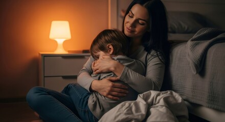Woman comforts child with autism in a warm embrace in bedroom. Concept of mother and son deep bond. Support mental health for people with autism.