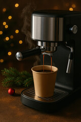 Freshly brewed coffee drips from espresso machine into a paper cup with warm holiday lights