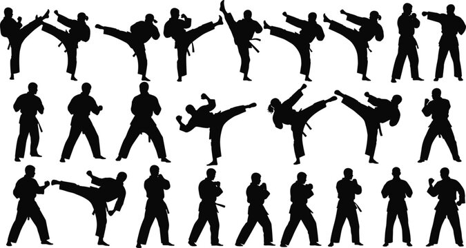 Karate silhouettes vector collection, black martial arts fighters, men kicking and punching, taekwondo sport positions, self defense training, isolated on white background.
