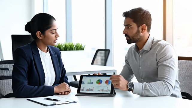 Two diverse business professionals discuss financial data and charts on a tablet during a productive office meeting showcasing teamwork strategy and modern analysis - Powered by Adobe