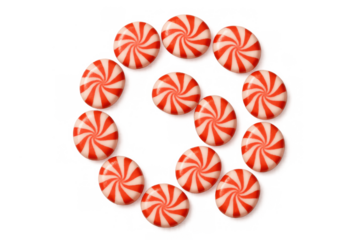 Peppermint candy swirled in a circle pattern, sweet red and white striped food, transparent background