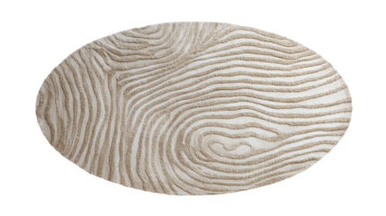 Oval beige rug featuring a raised textured wavy line pattern, creating an abstract and organic design for modern home decor, isolated on a transparent background, png