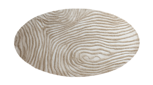 Oval beige rug featuring a raised textured wavy line pattern, creating an abstract and organic design for modern home decor, isolated on a transparent background, png