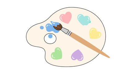 Artistic palette adorned with pastel heart shapes and a paintbrush, ready to paint with love and