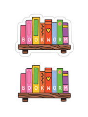 Bookshelf. Colorful sticker, cute illustration of books. Bookworm. Book spine.