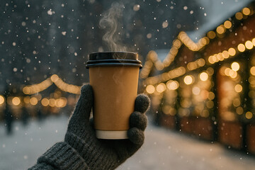 Warm coffee in hand during snowy evening at festive market with glowing lights