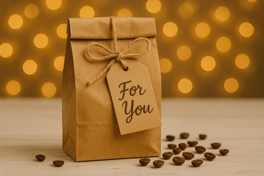 Gift package with tag on a table surrounded by coffee beans and warm lights