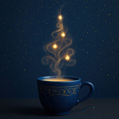 Hot drink creates a magical holiday tree with glowing lights above a blue cup