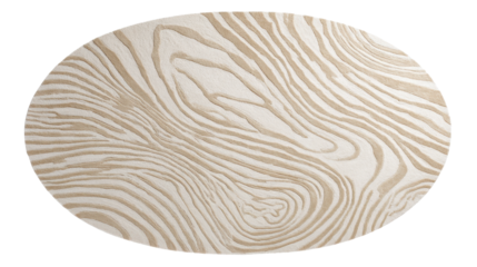 Oval rug featuring an abstract cream and beige wood grain pattern, showcasing a soft textured surface with natural organic lines, isolated on a transparent background, png
