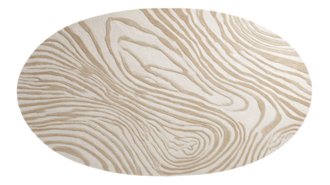 Oval rug featuring an abstract cream and beige wood grain pattern, showcasing a soft textured surface with natural organic lines, isolated on a transparent background, png