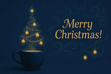 Festive Christmas tree made of steam rising from a coffee cup during the holiday season