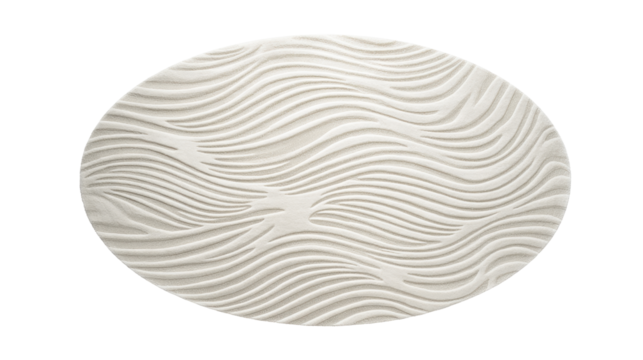 Oval white rug with pronounced wavy relief texture forming a serene, sand inspired abstract pattern on transparent background, minimalist and elegant for modern interiors, png