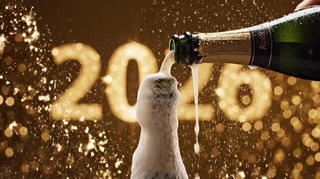 A celebratory champagne bottle pouring sparkling effervescence with a "202x" backdrop