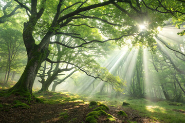 Mystical forest sunlight