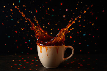Coffee spills out of a cup creating a dynamic splash during a festive celebration