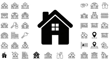 Comprehensive Vector Icon Set Featuring Various Residential Houses and Real Estate Symbols