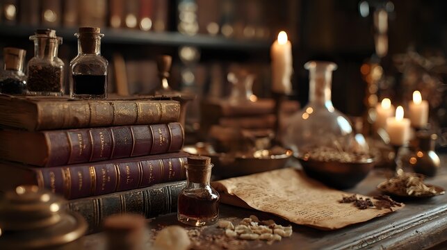 Vintage alchemy workspace with antique books, glass bottles, parchment, and glowing candles creating mystical atmosphere for fantasy or historical design.