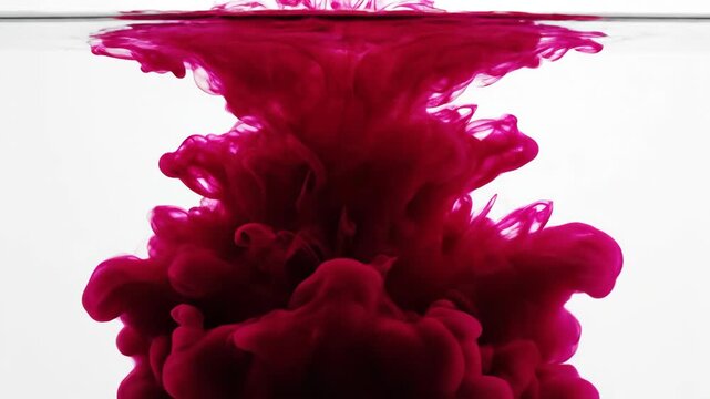 A single drop of deep red ink blossoms and dissolves in clear water creating an abstract cloud like shape