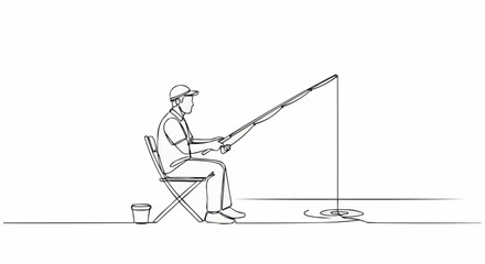 A single continuous line drawing of a man fishing patiently.