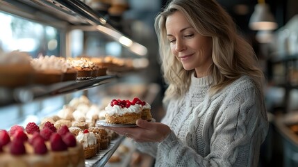Mature blonde woman in cozy sweater admiring dessert with berries in upscale bakery surrounded by pastry display.