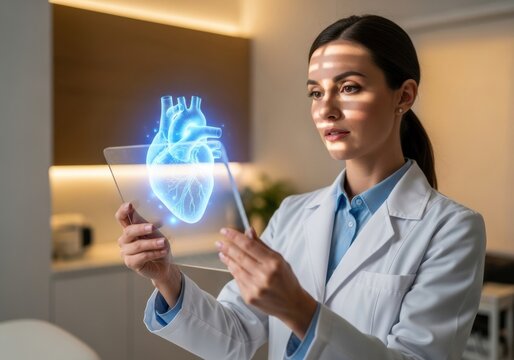 Female Doctor Examining Heart Hologram on Tablet in Clinic.