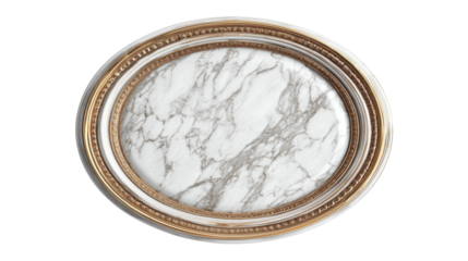 Oval ornate picture frame with gold and white molding and textured marble stone insert, offering a luxurious classic or vintage design element on a transparent background, png