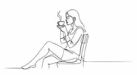 Continuous line drawing of a woman sitting on a chair enjoying a hot drink.
