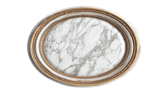 Oval ornate picture frame with gold and white molding and textured marble stone insert, offering a luxurious classic or vintage design element on a transparent background, png