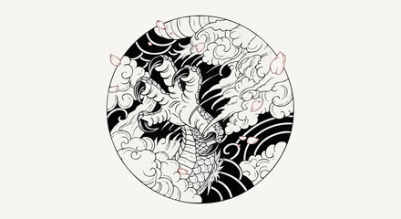 Detailed Dragon Claw Grasping Orb Amidst Swirling Clouds and Waves.