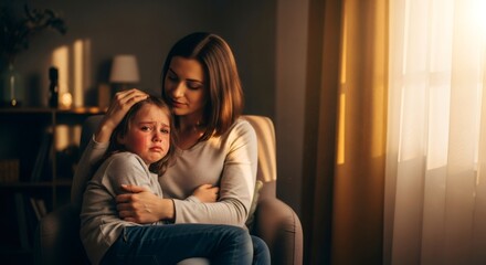 Fototapeta premium Mother comforting crying girl. Family support during emotional struggle. Parenting and child development with neurodevelopmental disorders or autism.