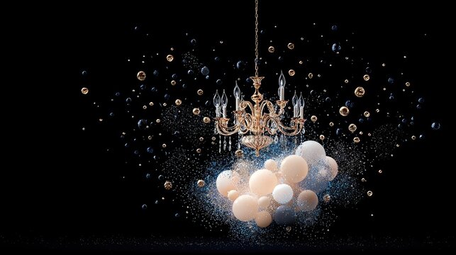 A luxurious golden chandelier hangs in the center of a dark void, surrounded by an explosion of light-colored spheres, dark blue orbs, and sparkling glitter. - Powered by Adobe