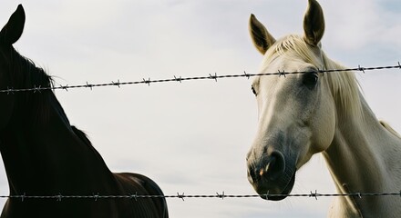 Close-up of a curious white horse and its dark companion looking over a sharp barbed wire fence, symbolizing boundaries and confinement in a rural setting