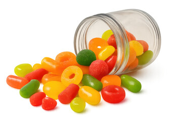 Colorful jelly beans spilling from glass jar, candy assortment creating sweet treat, sugar junk food snack concept