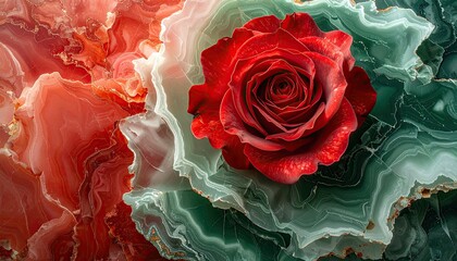 Vibrant Red Rose on Abstract Green and Orange Swirls.