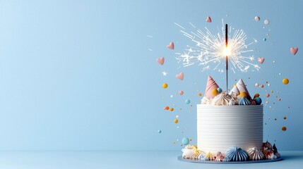 A white frosted cake with piped frosting, colorful meringue kisses, and small decorative cones is topped with a lit sparkler and surrounded by scattered heart-s