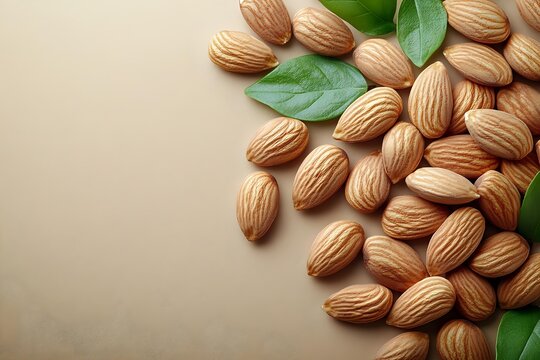 Fresh raw almonds with green leaves scattered on beige background, copy space for text. Healthy plant-based protein source for vegan nutrition. - Powered by Adobe