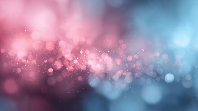 Sparkling pink and blue bokeh lights create an abstract, ethereal background with glowing particles. A dreamy blend for festive and magical designs.