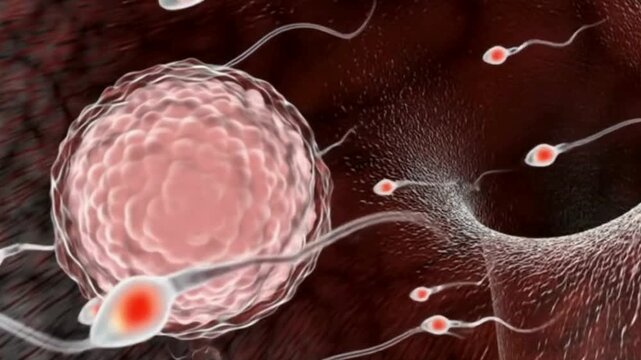 High-detail microscopic 3D animation showing a single sperm cell tracked by a dynamic camera as it swims through the reproductive tract and reaches the ovum. The video captures the fast movement, flui