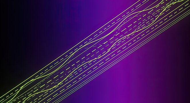 Futuristic concept of an information superhighway with glowing green light trails and network data streams moving diagonally across a dark purple gradient