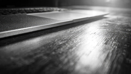 A low-angle, grayscale close-up captures the sleek edge of a modern laptop resting on a textured, reflective wooden surface, creating a dramatic, focused composition.