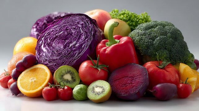 Fresh colorful fruits and vegetables arranged in vibrant display, showcasing healthy eating choices with red cabbage, peppers, broccoli, citrus, and berries.