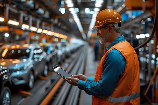 Male industrial worker in orange safety vest and hardhat checking digital tablet in automotive manufacturing plant with assembly line of vehicles in background. - Powered by Adobe